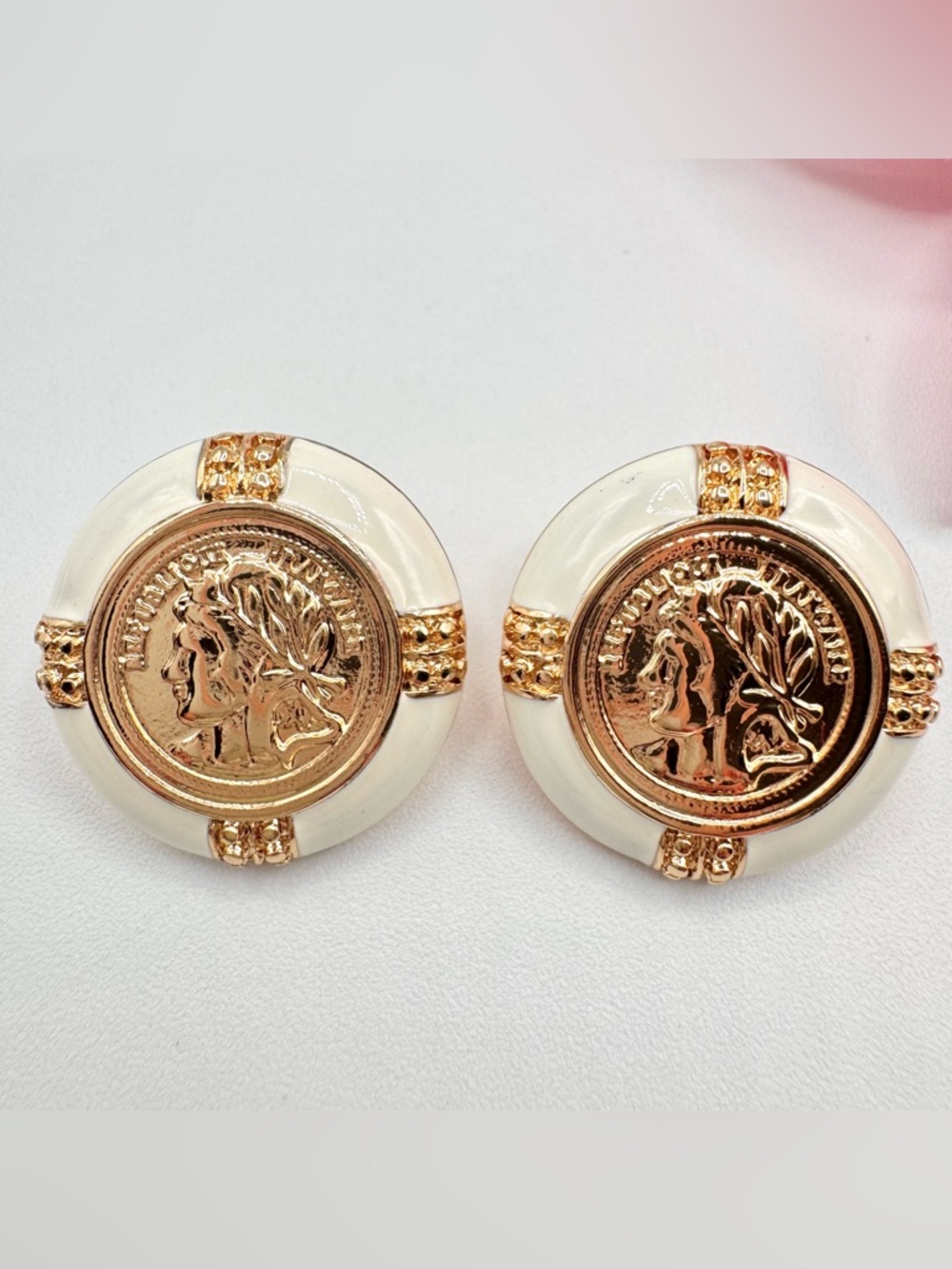 Vintage Revival Roman Coin Stud Earrings Gold Tone White Enamel Chic Runway